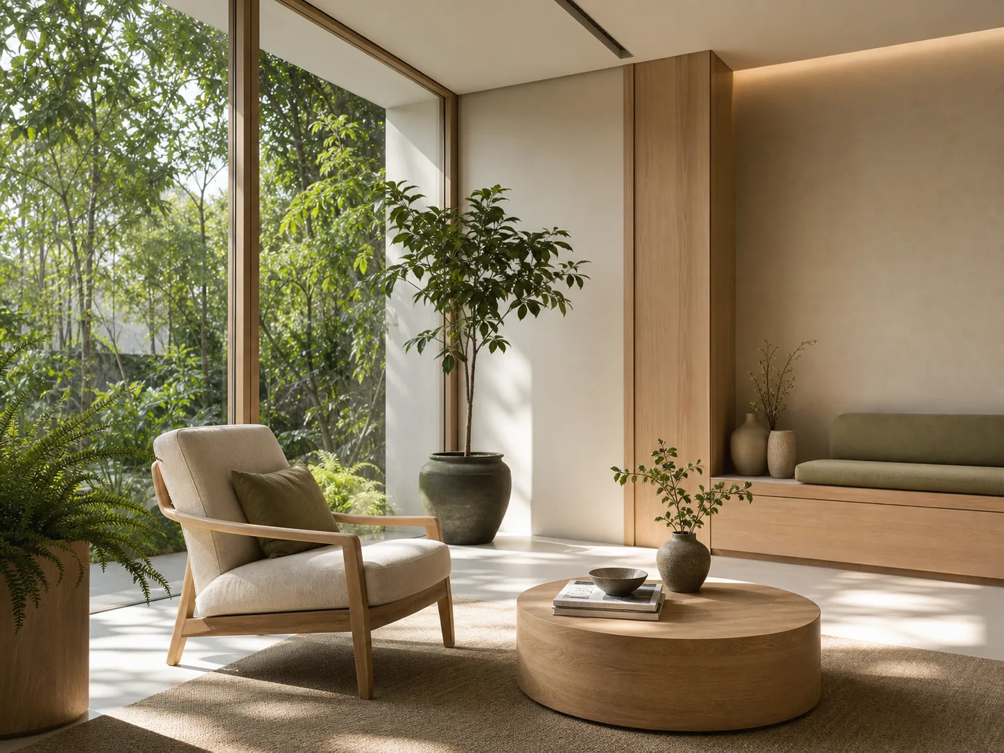 Sala de espera tranquila com vista para um jardim